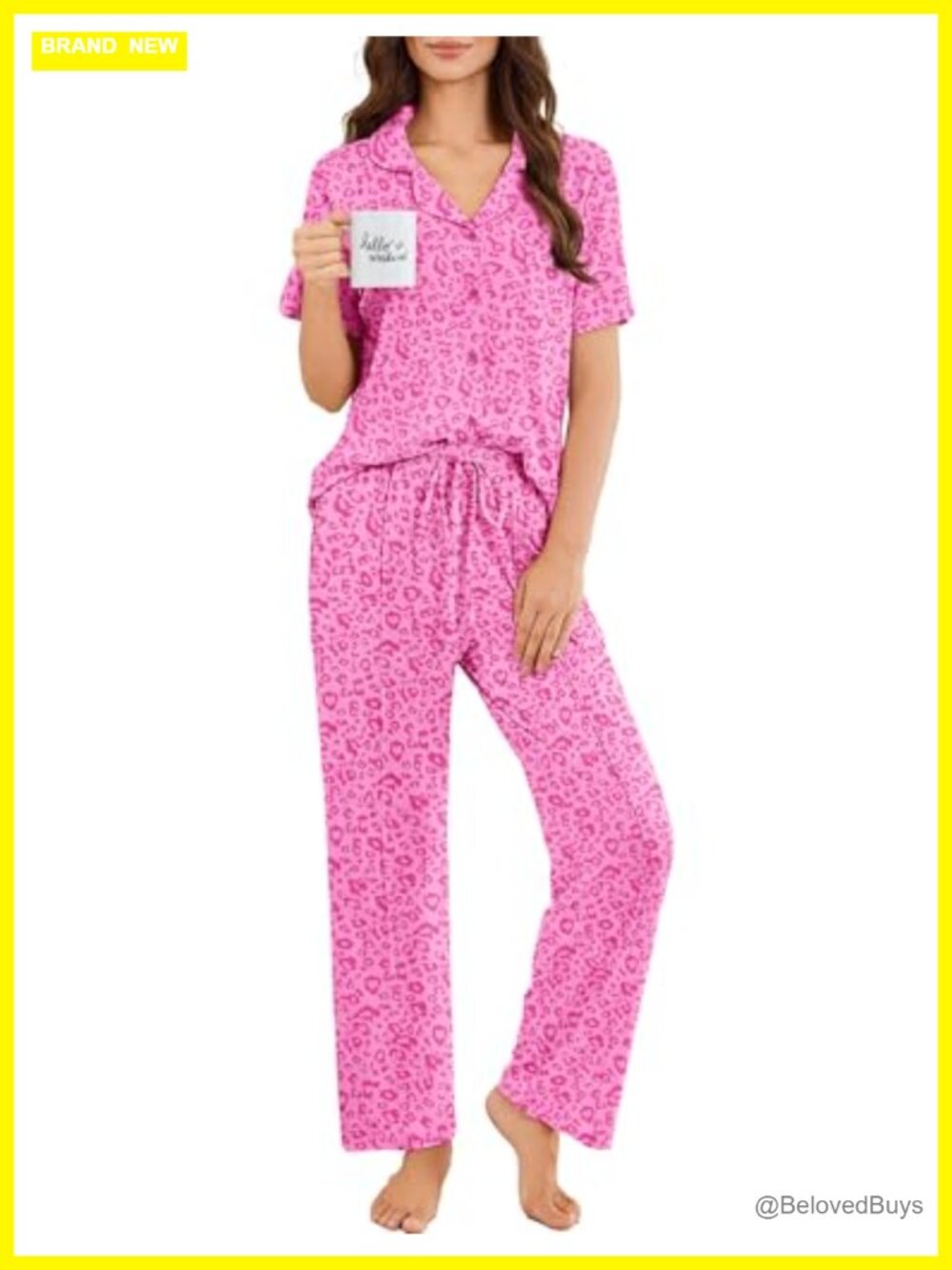 Women's 2 Piece Pajama Set Short Sleeve Button Down Top Pants with Pockets